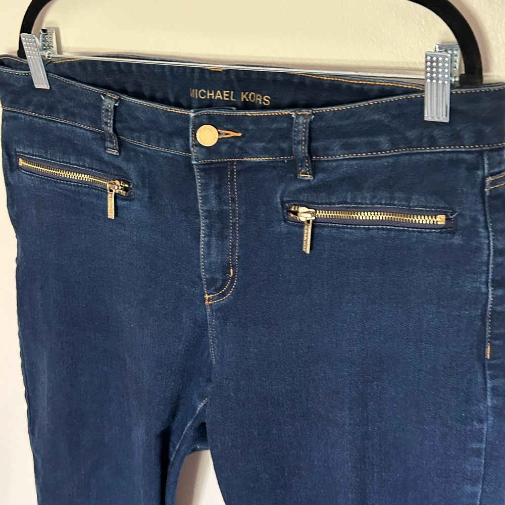 Michael Kors Dark Navy Stretch Jeggings with Gold Zipper Accents